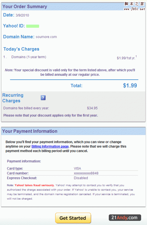 Yahoo上$1.99美元注册.com域名的图文教程