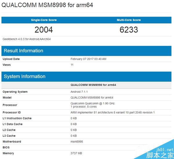 骁龙835跑分曝光:单核成绩2004/多核心成绩6233