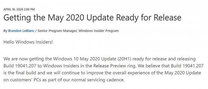 Win10 2004正式命名May 2020 Update 测试进入尾声